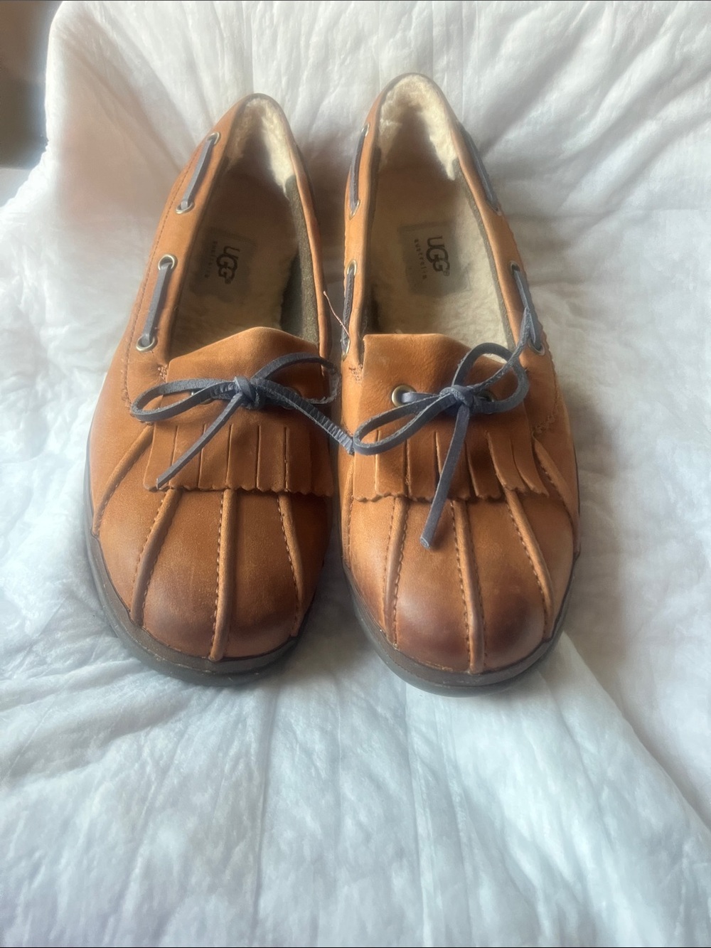 UGG Tan Leather Moccasin with Navy Laces